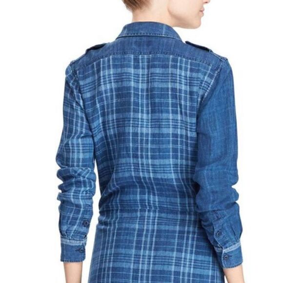 Polo Ralph Lauren Indigo Dyed Blue Plaid Linen Tie Front Sarong Shirt Dress - Picture 10 of 16